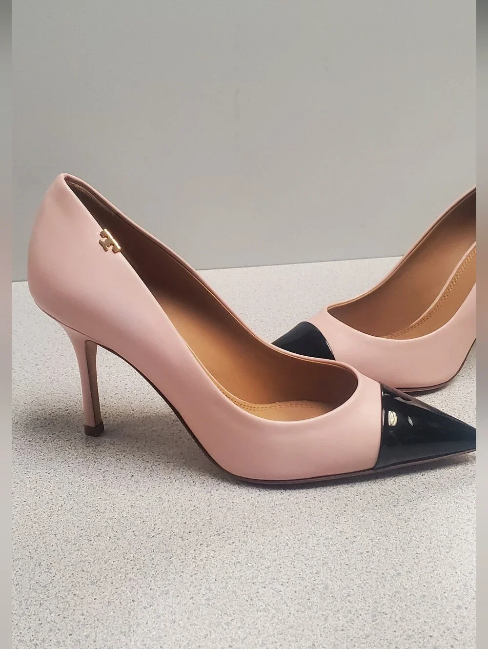 Tory Burch Blush Pink Pointed-Toe Pumps with Black Patent Cap